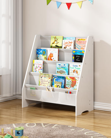 SEIRIONE 4-tier kids bookshelf with wood and fabric for upright, accessible storage