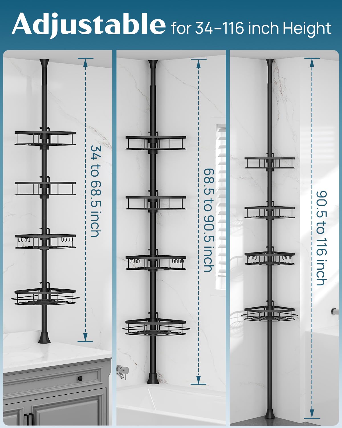 SEIRIONE tension pole shows adjustable height for flexible bathroom fit.