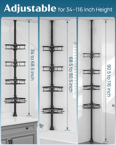 SEIRIONE tension pole shows adjustable height for flexible bathroom fit.