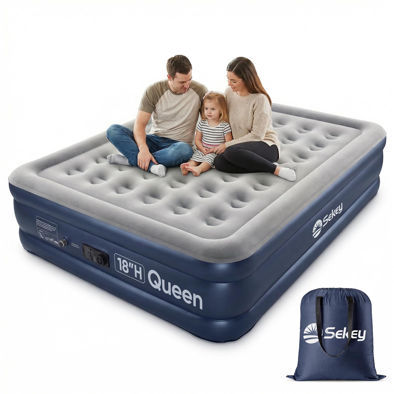 Sekey Queen air mattress with built-in pump for quick, quiet inflation.