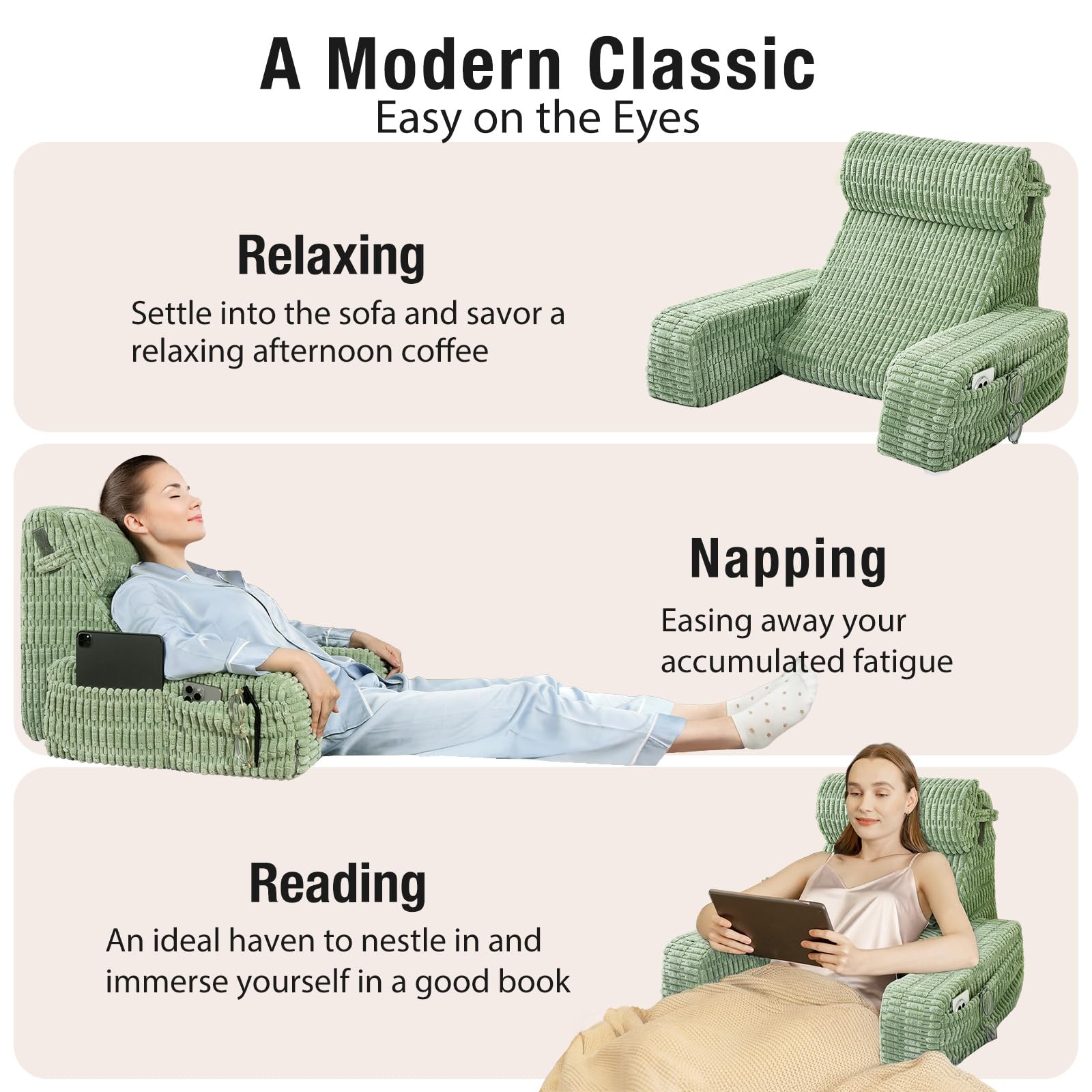 Selectico 45-degree backrest supports comfortable posture during lounging