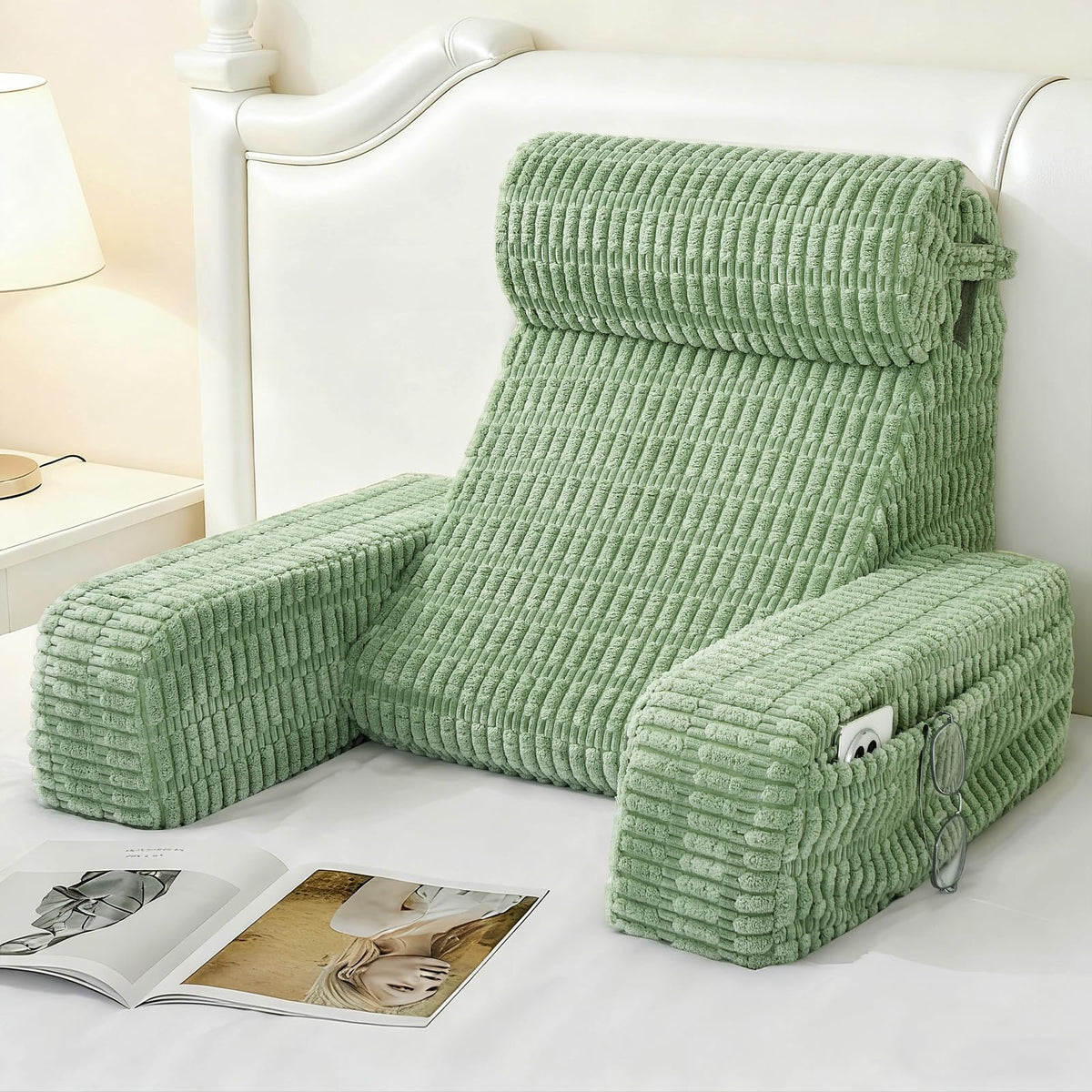 Selectico reading pillow built-in arms provides steady bed support for reading