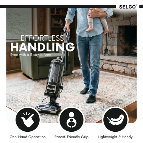 Selgo hose handle in action, cleaning upholstery and stairs with ease.