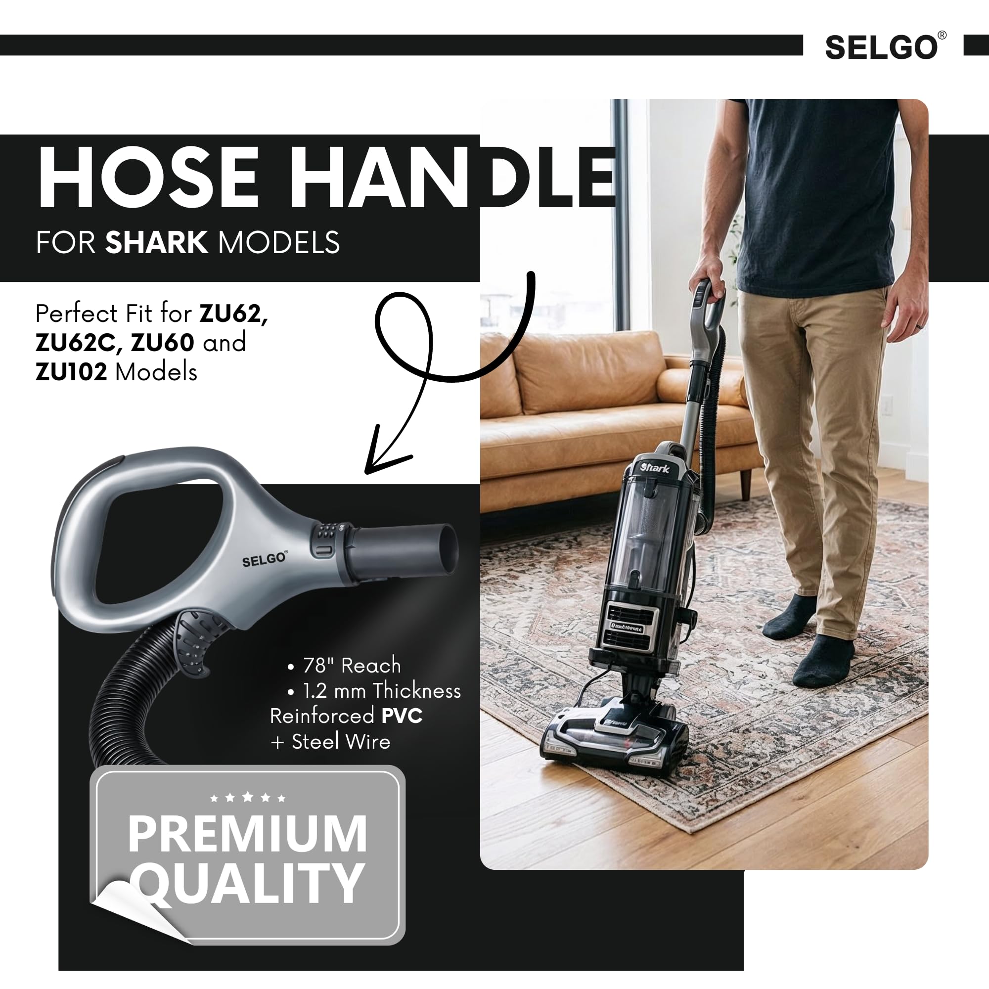Selgo hose handle for Shark ZU62C, ergonomic grip for comfortable extended cleaning.