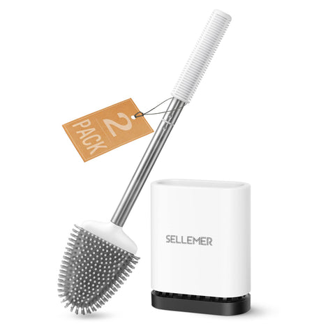Sellemer toilet brush and holder set with silicone bristles for efficient rim cleaning
