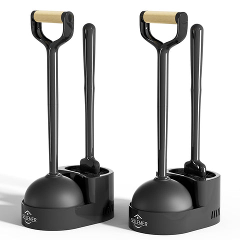 Sellemer toilet brush plunger set with compact holder for space-saving storage.