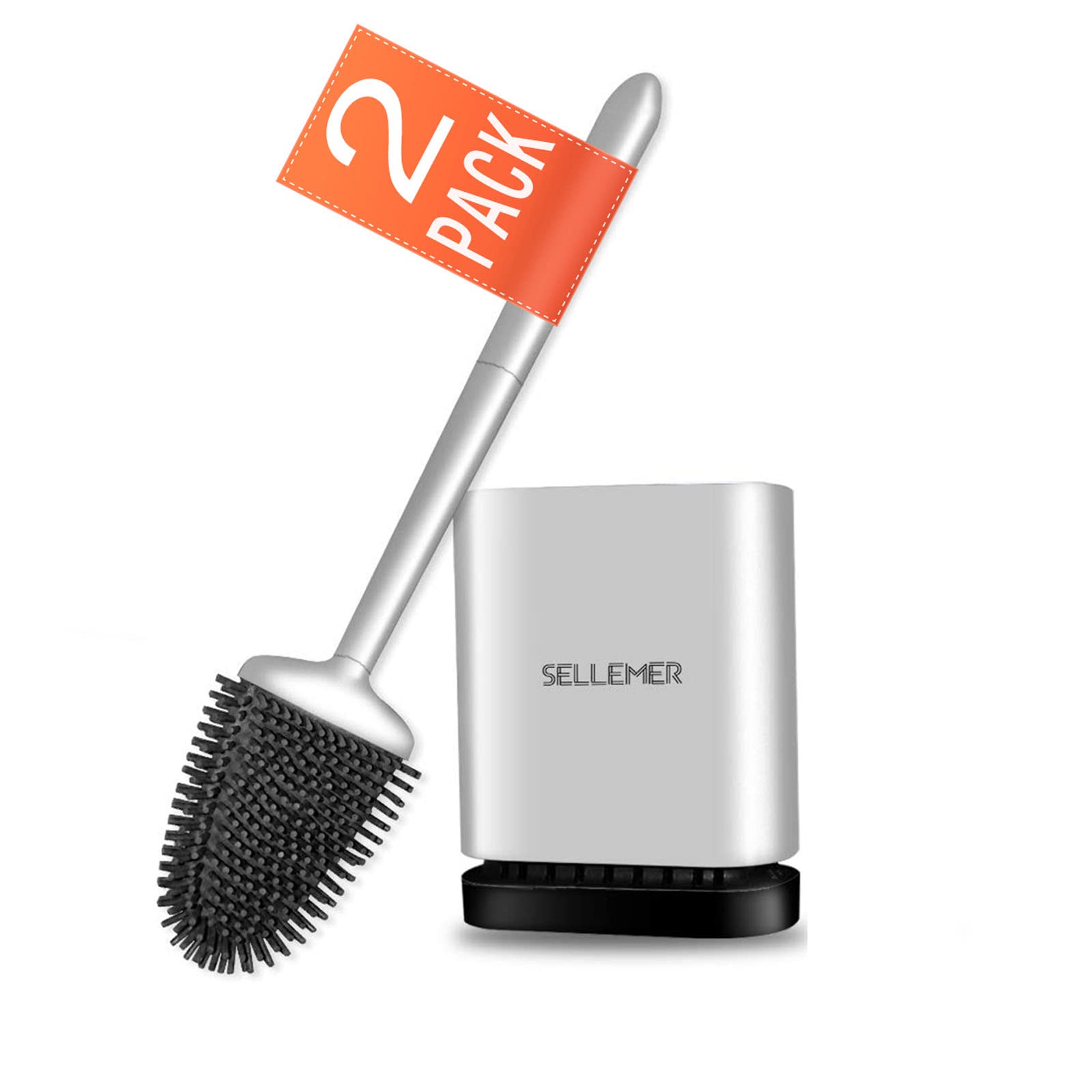 Sellemer toilet brush set with silicone bristles for gentle bowl cleaning.