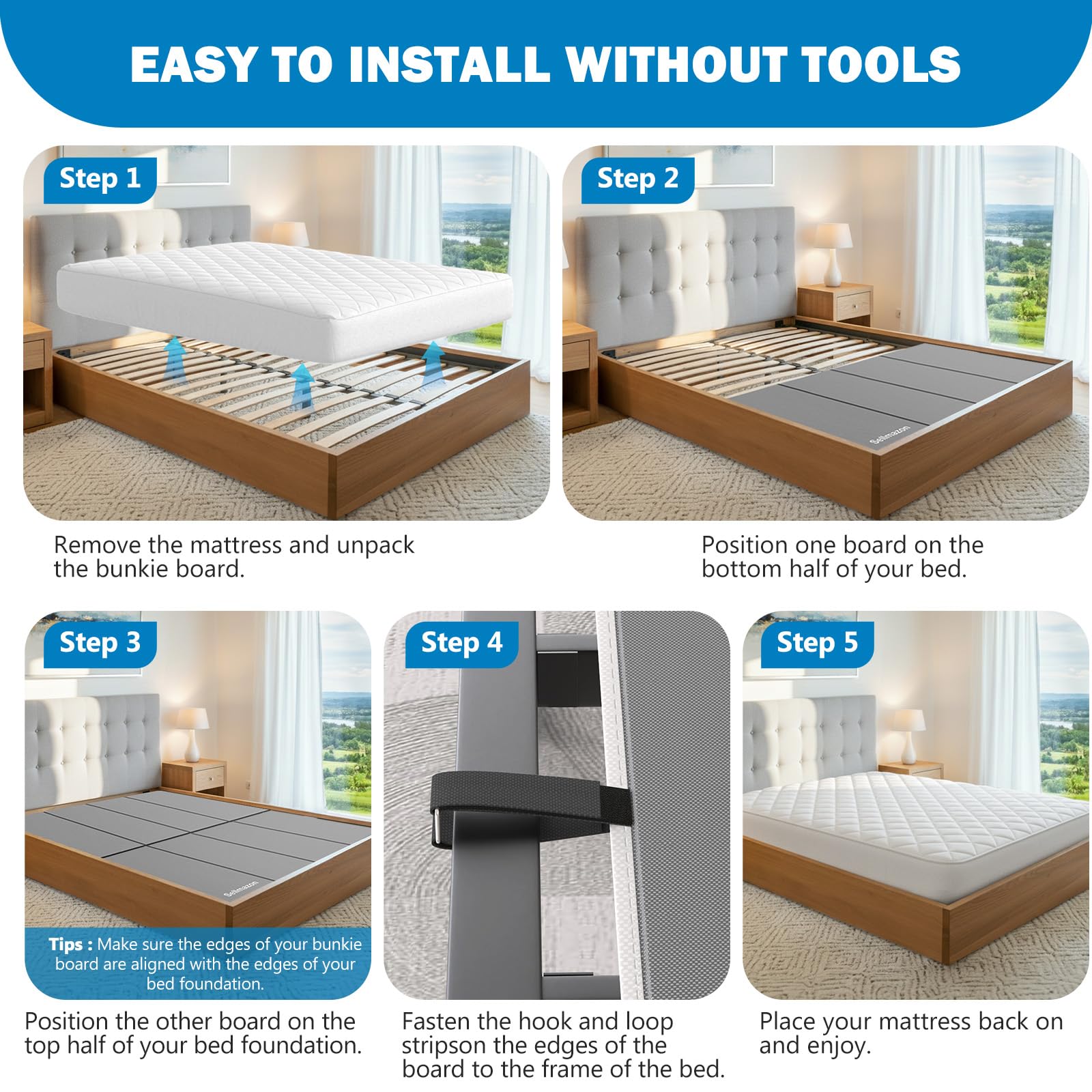 Sellmazon bunkie board quick setup lies flush under mattress for a low-profile bed.