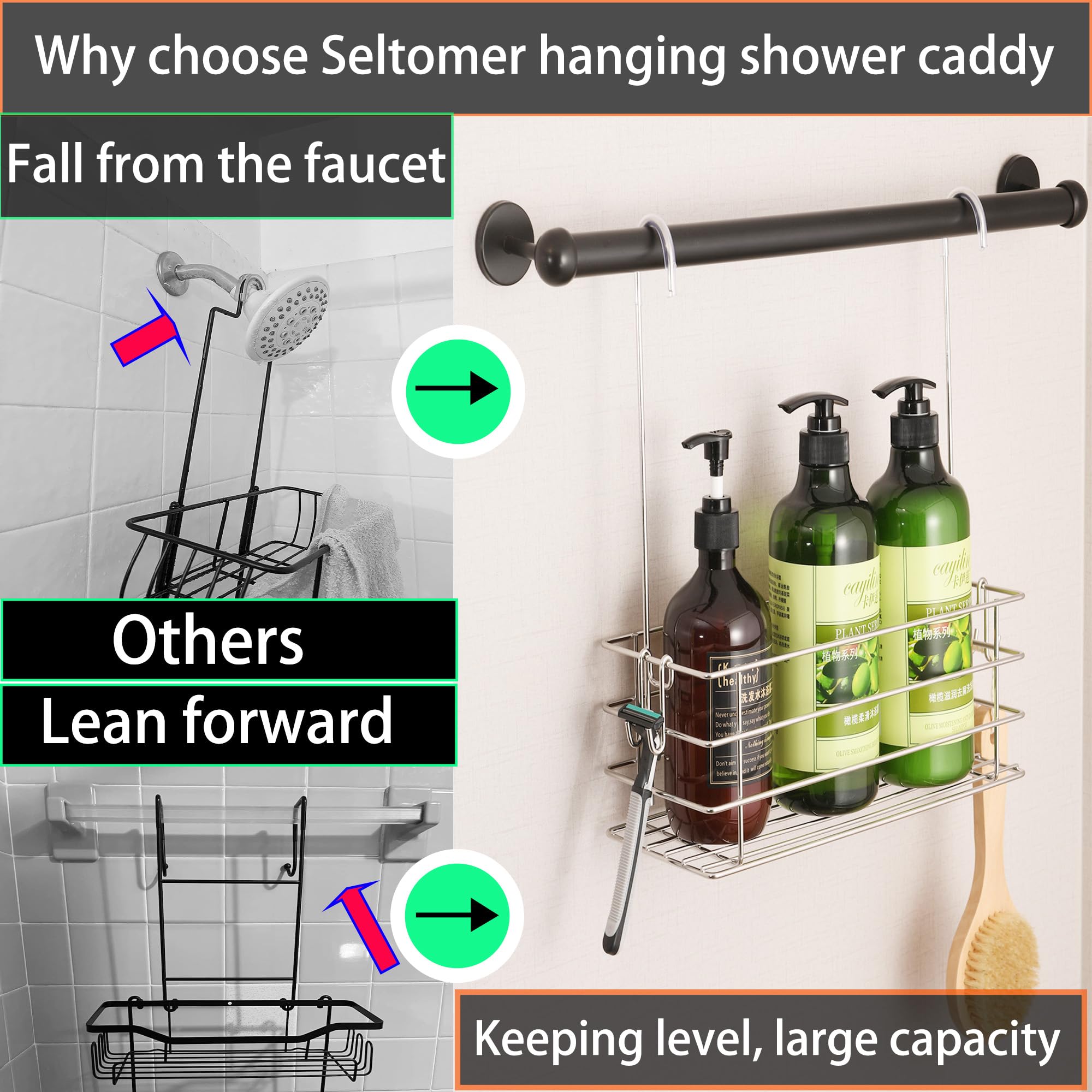 Seltomer shower caddy supports up to 30 pounds of bottles.