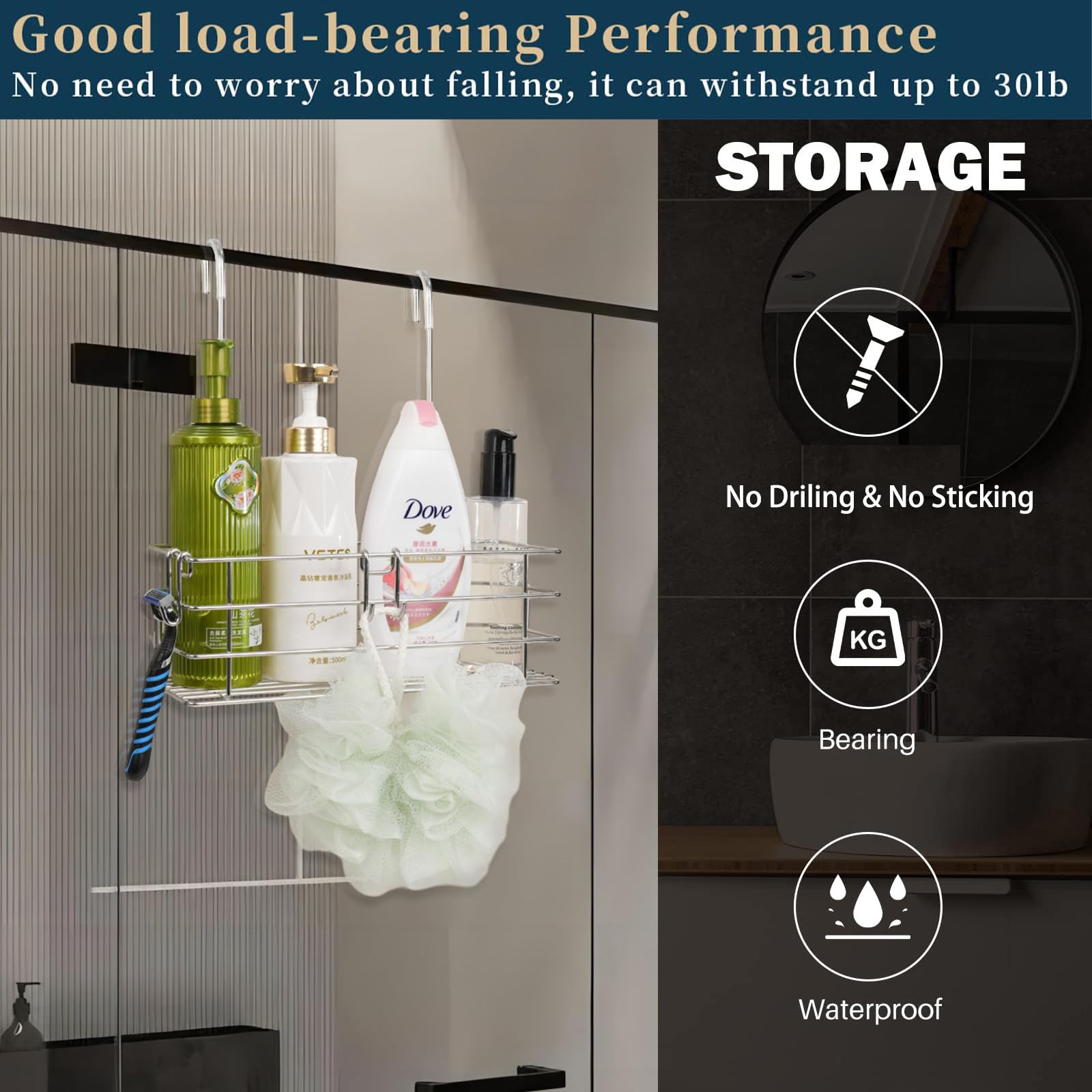 Seltomer shower caddy open-grid design promotes fast drainage and air circulation.