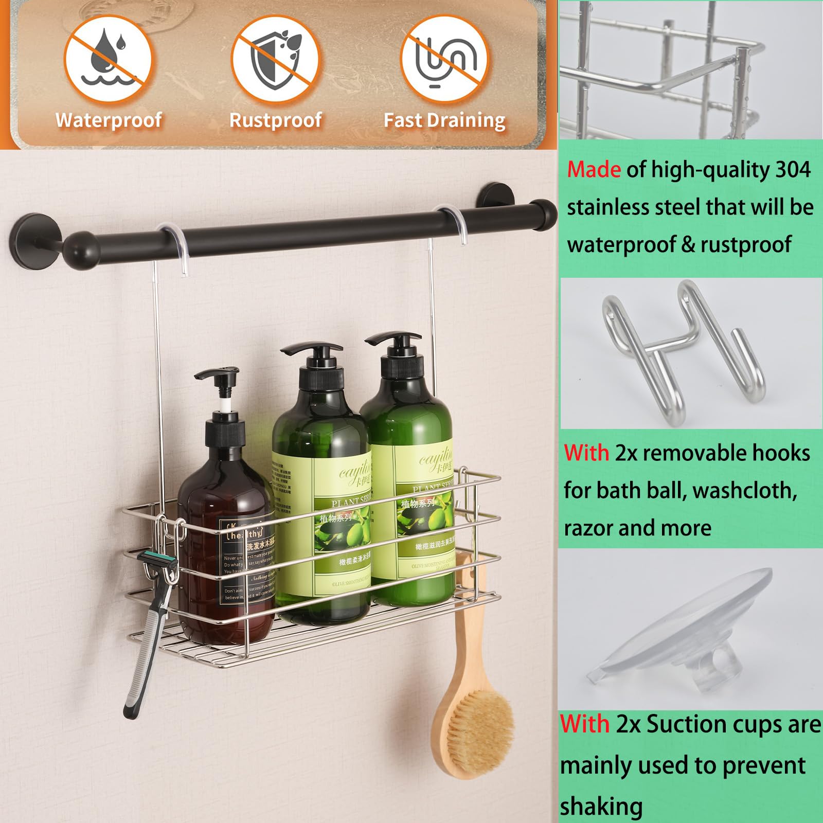 Seltomer shower caddy side hookway keeps it level over bars.