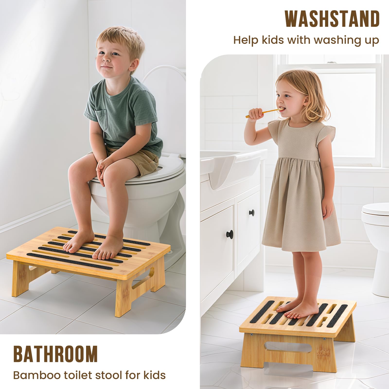 SeLucky moisture-resistant bamboo stool suitable for bathroom and vanity use.