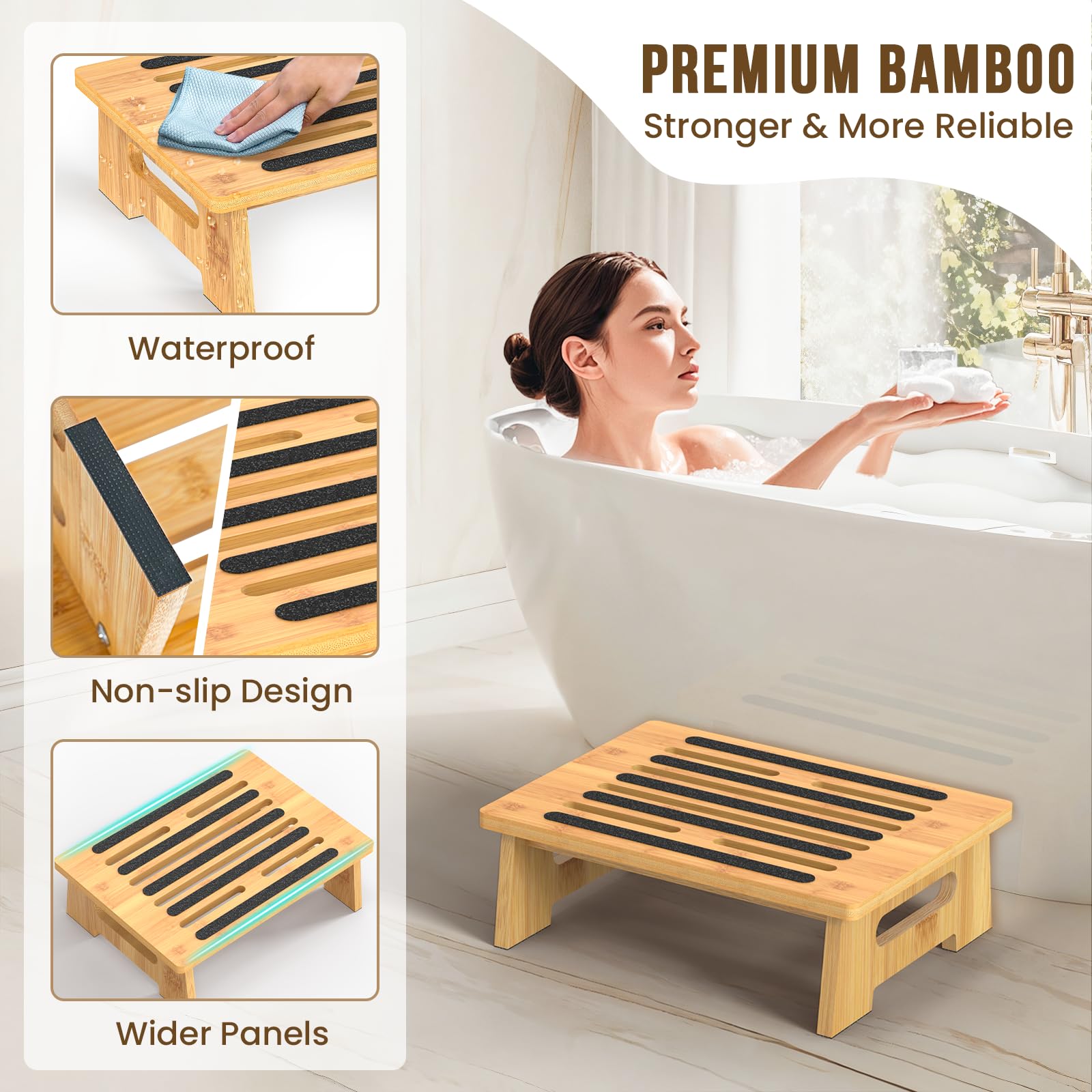 SeLucky bamboo stool with reinforced joints and 450-lb capacity.