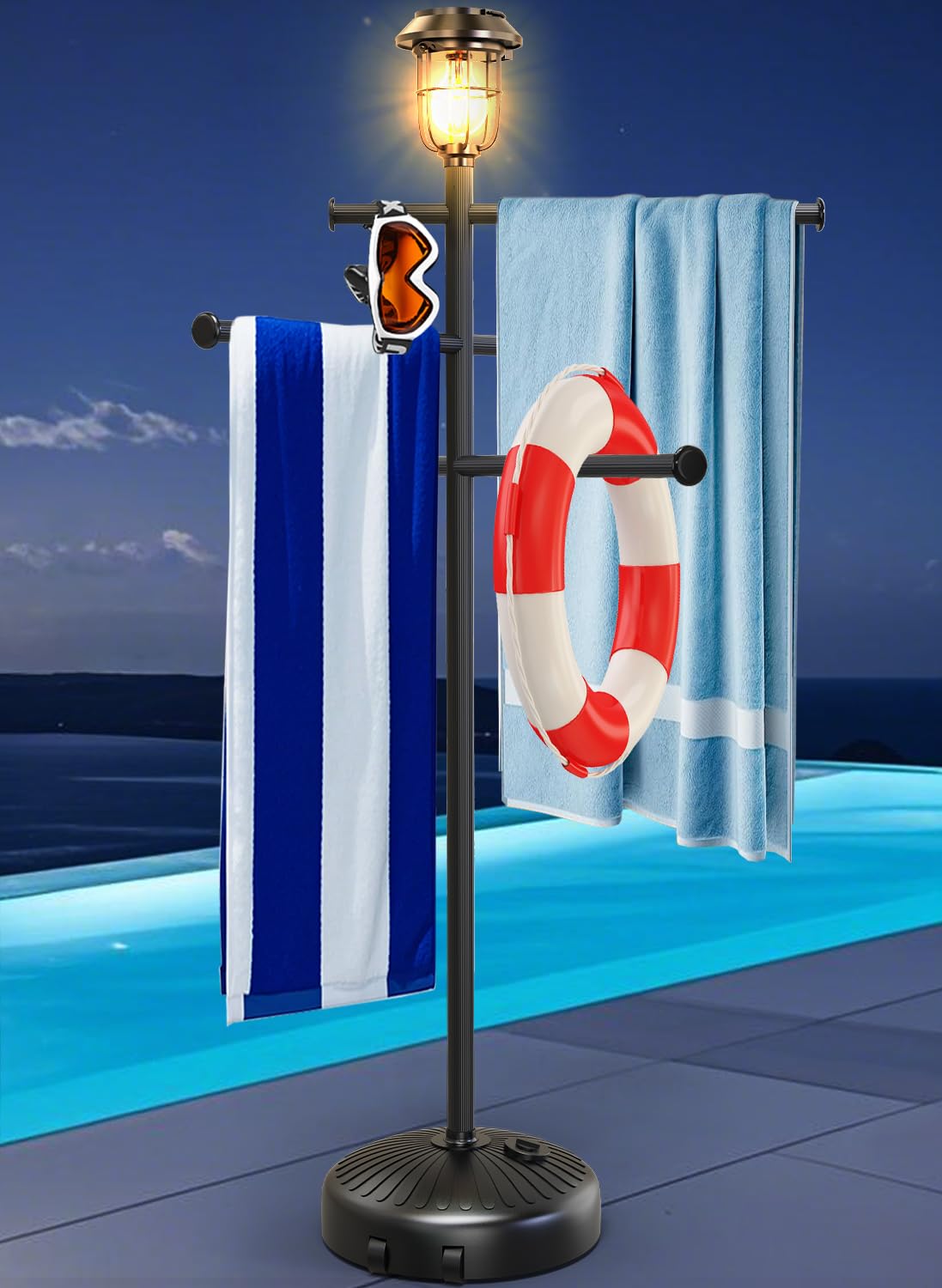 Semoprus Solar Light Pool Towel Rack tall 63-inch frame for towels.