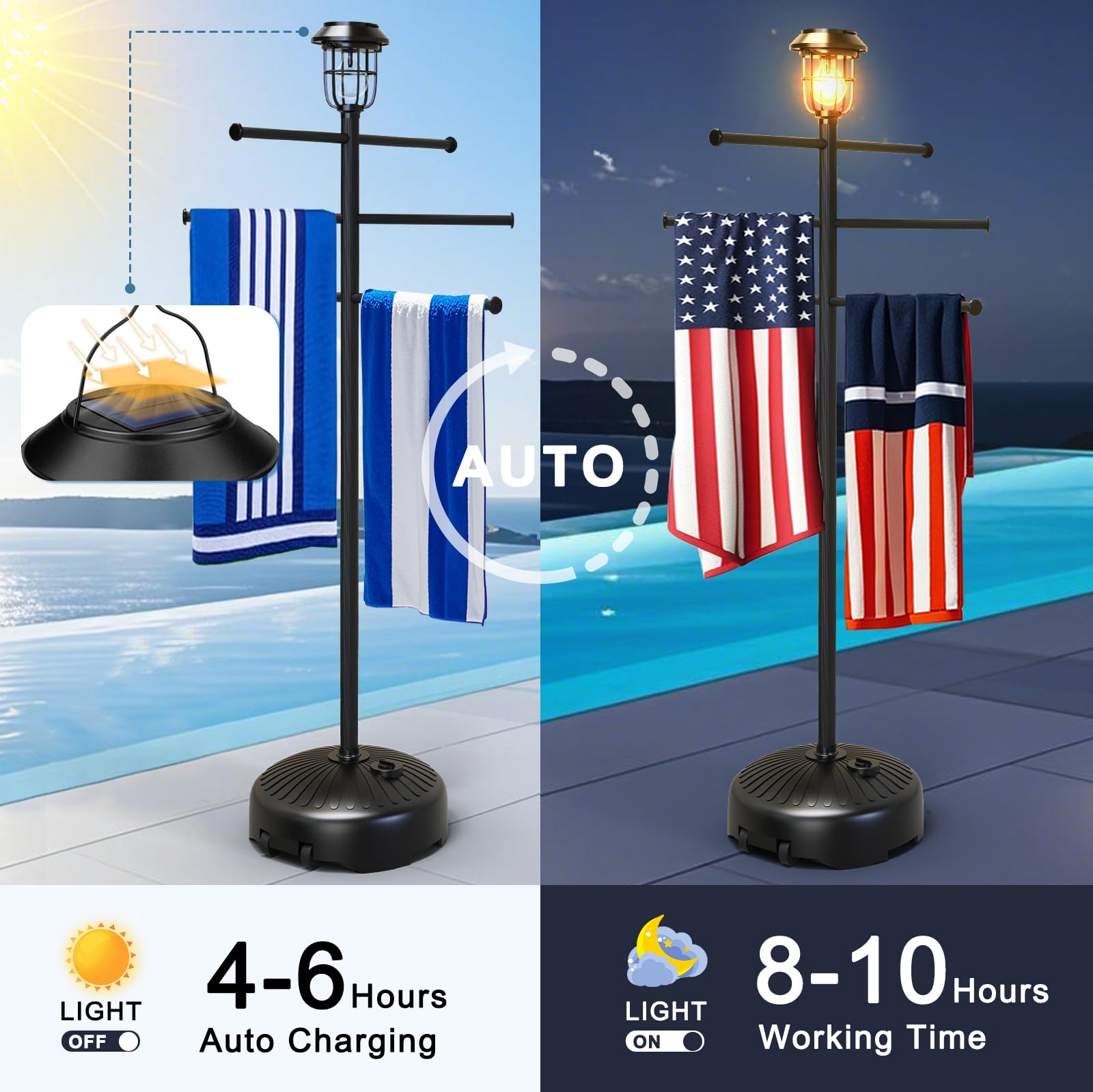 Semoprus Solar Light Pool Towel Rack provides ambient poolside illumination.