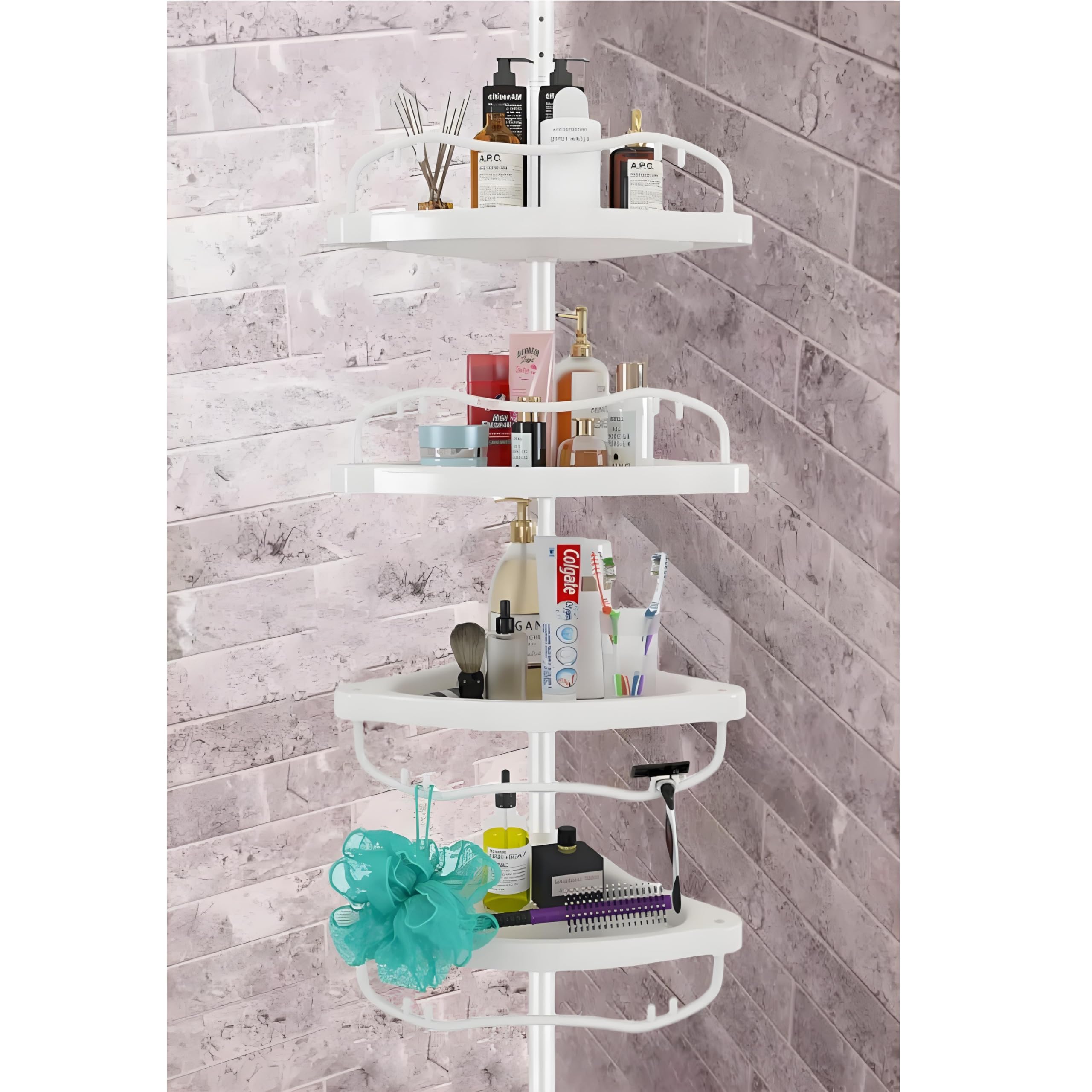 Sempicad shower caddy tension pole with four baskets for organized bathroom storage.