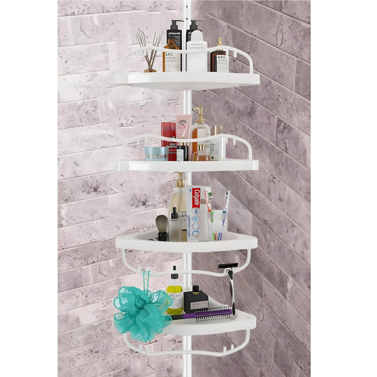 Sempicad shower caddy tension pole with four baskets for organized bathroom storage.