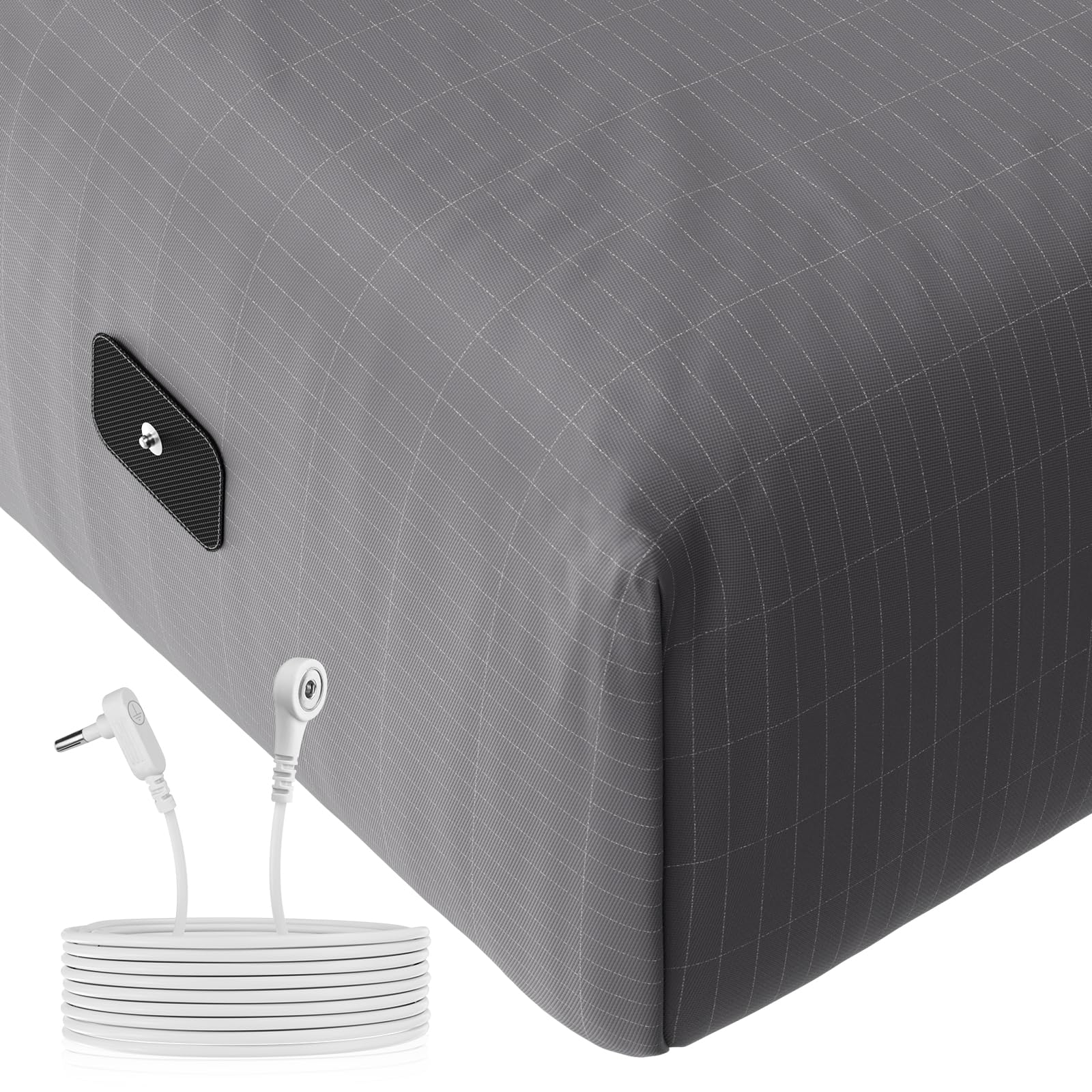 Senedy Health grounding fitted sheet gray fabric close-up showing conductive cotton-silver blend