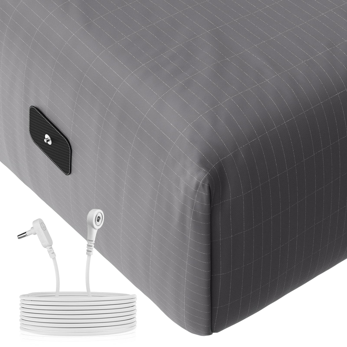 Senedy Health grounding fitted sheet gray fabric close-up showing conductive cotton-silver blend