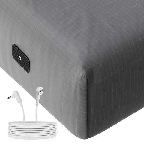 Senedy Health grounding fitted sheet gray fabric close-up showing conductive cotton-silver blend