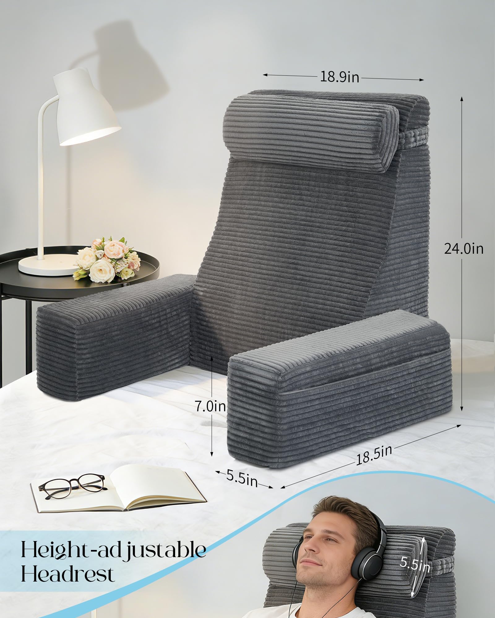 Seniny bedrest pillow armrest detail shows sturdy support for the arms.