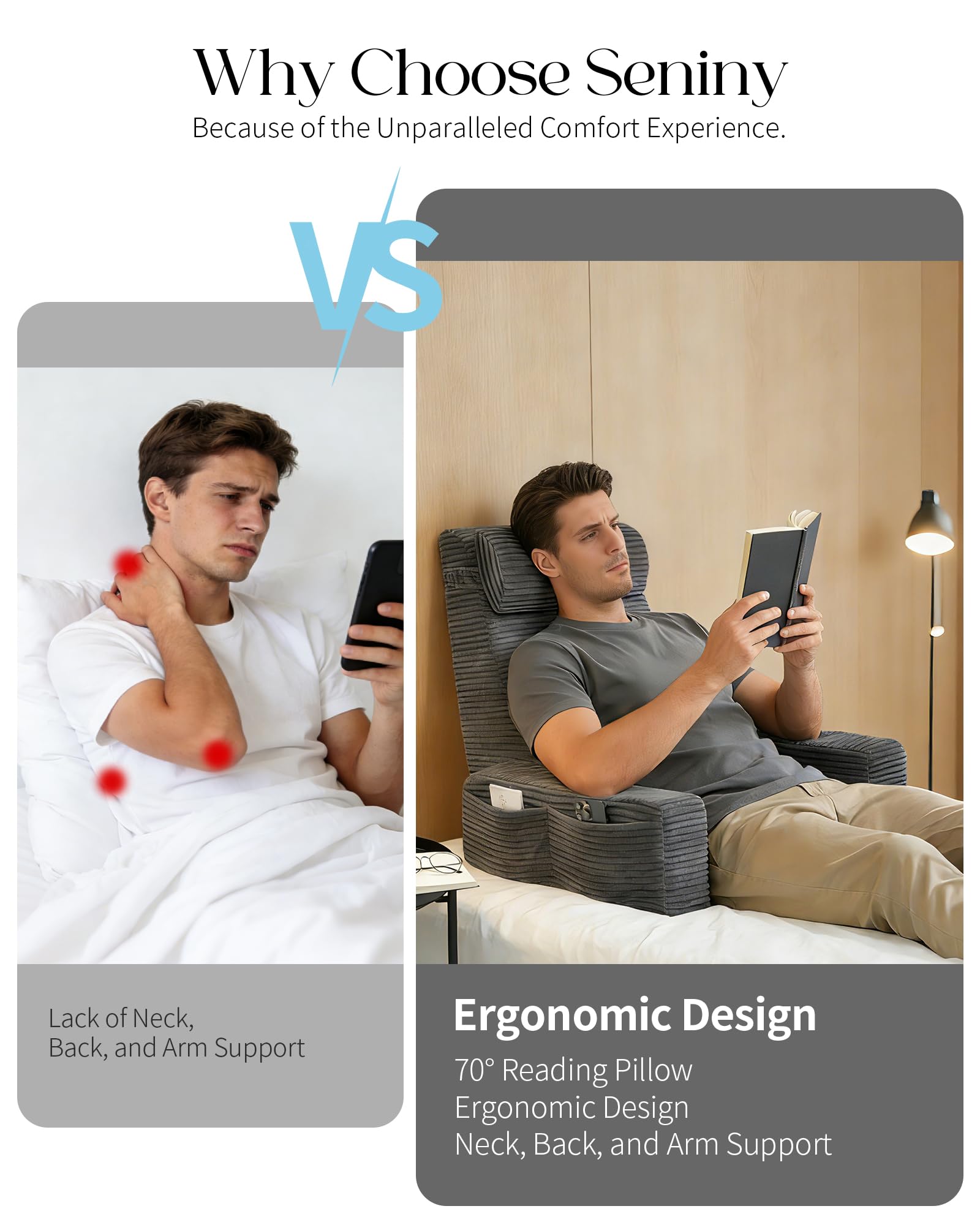 Seniny bedrest pillow side pocket highlights convenient storage for remotes.