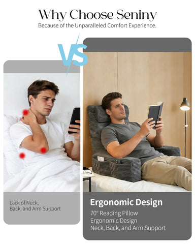 Seniny bedrest pillow side pocket highlights convenient storage for remotes.