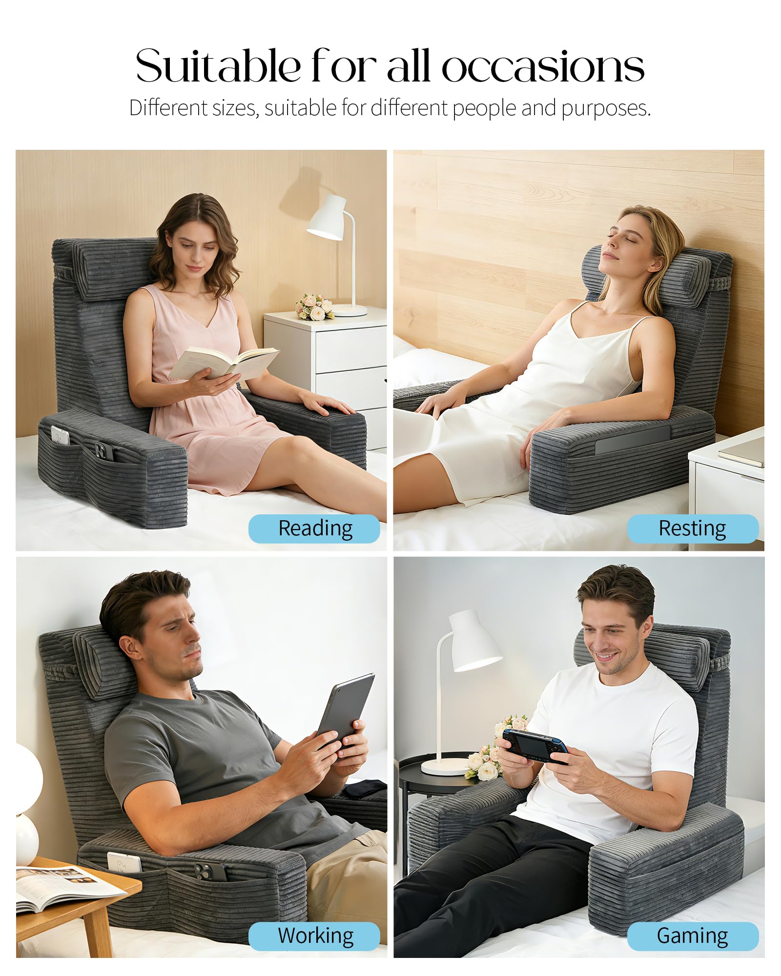 Seniny backrest at 60-degree angle supports posture while lounging.