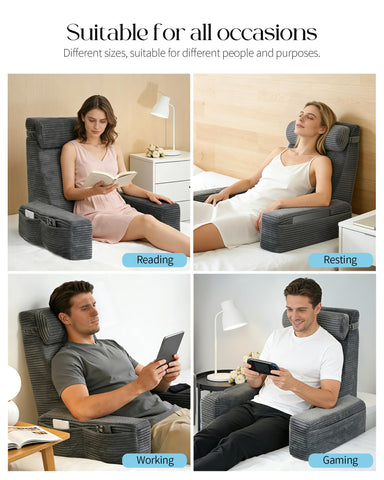 Seniny backrest at 60-degree angle supports posture while lounging.