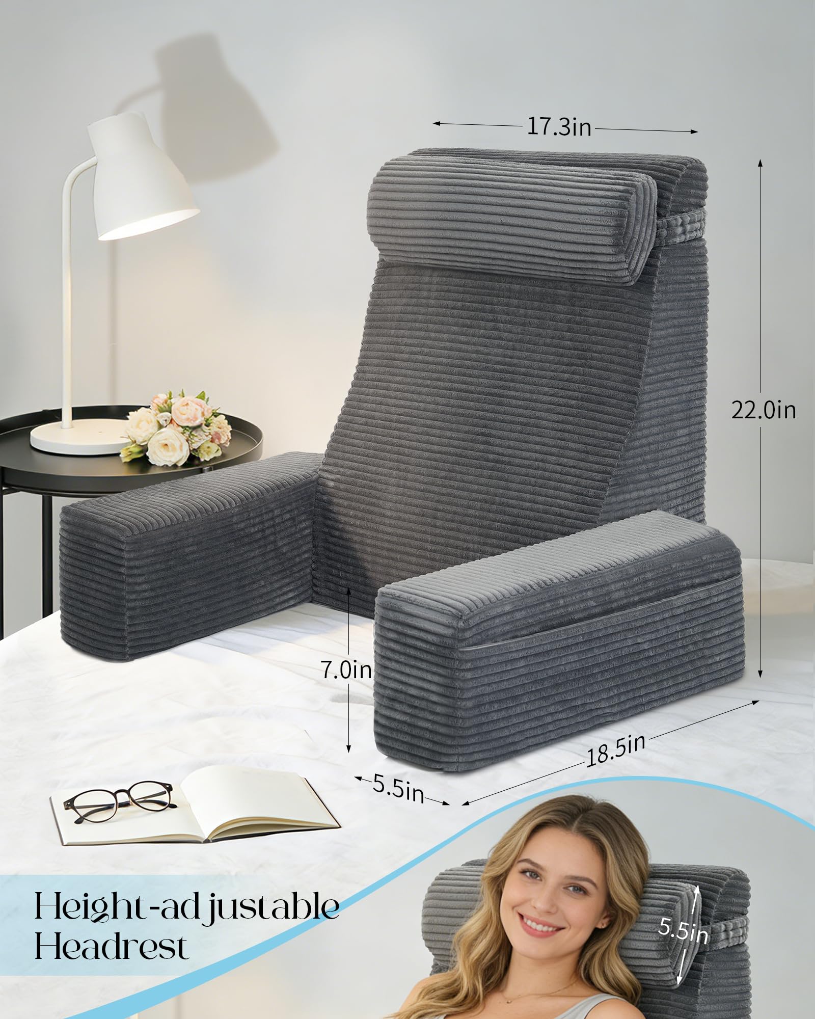 Seniny Reading Pillow backrest at a 60-degree angle for ergonomic sitting