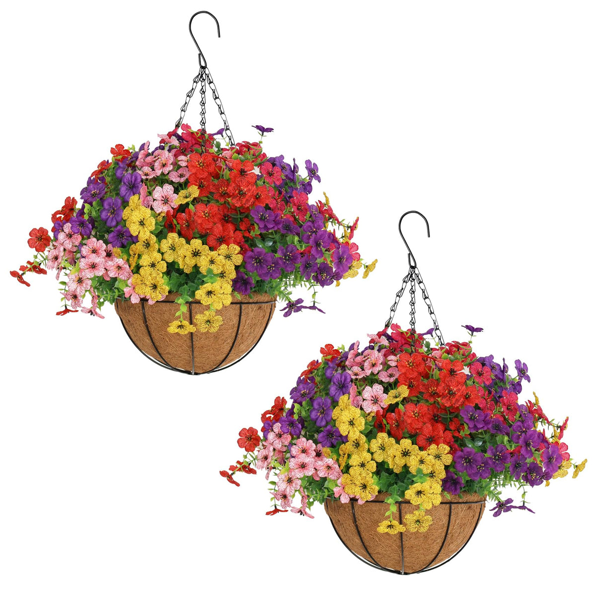 Senjie artificial hanging flowers in a porch basket offer long-lasting color without watering.