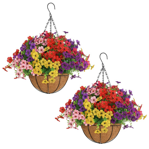 Senjie artificial hanging flowers in a porch basket offer long-lasting color without watering.