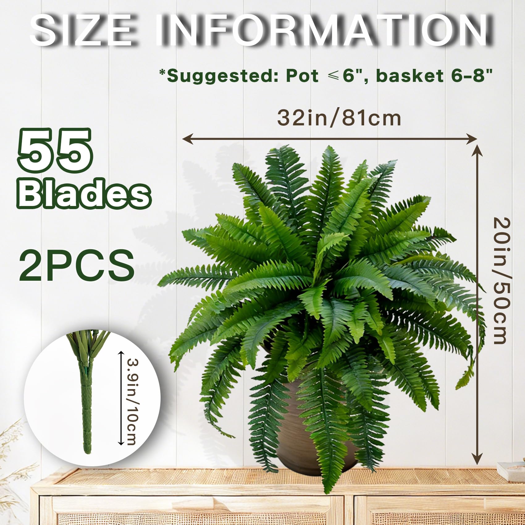 Senjie 32in fern branch detail highlighting bendable fronds for shaping