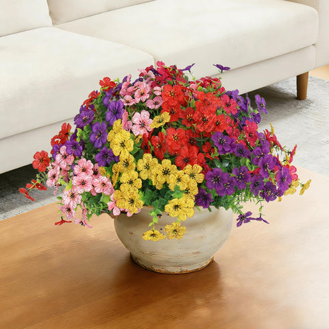 Senjie indoor and covered outdoor artificial flowers in a decorative setup.