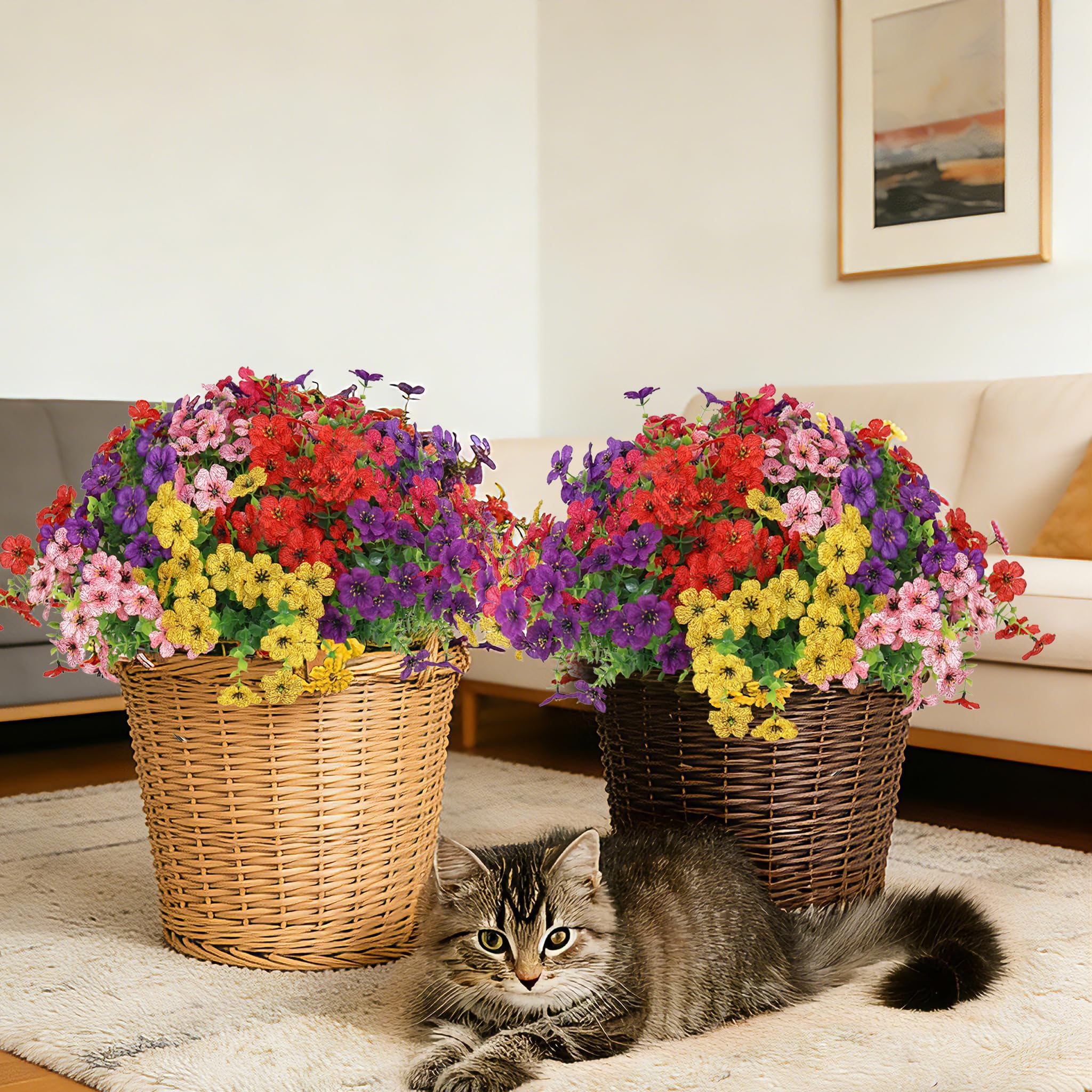 Senjie outdoor planter display with artificial flowers for covered spaces.