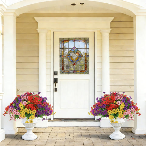 Senjie UV-resistant artificial flowers displayed on a porch.