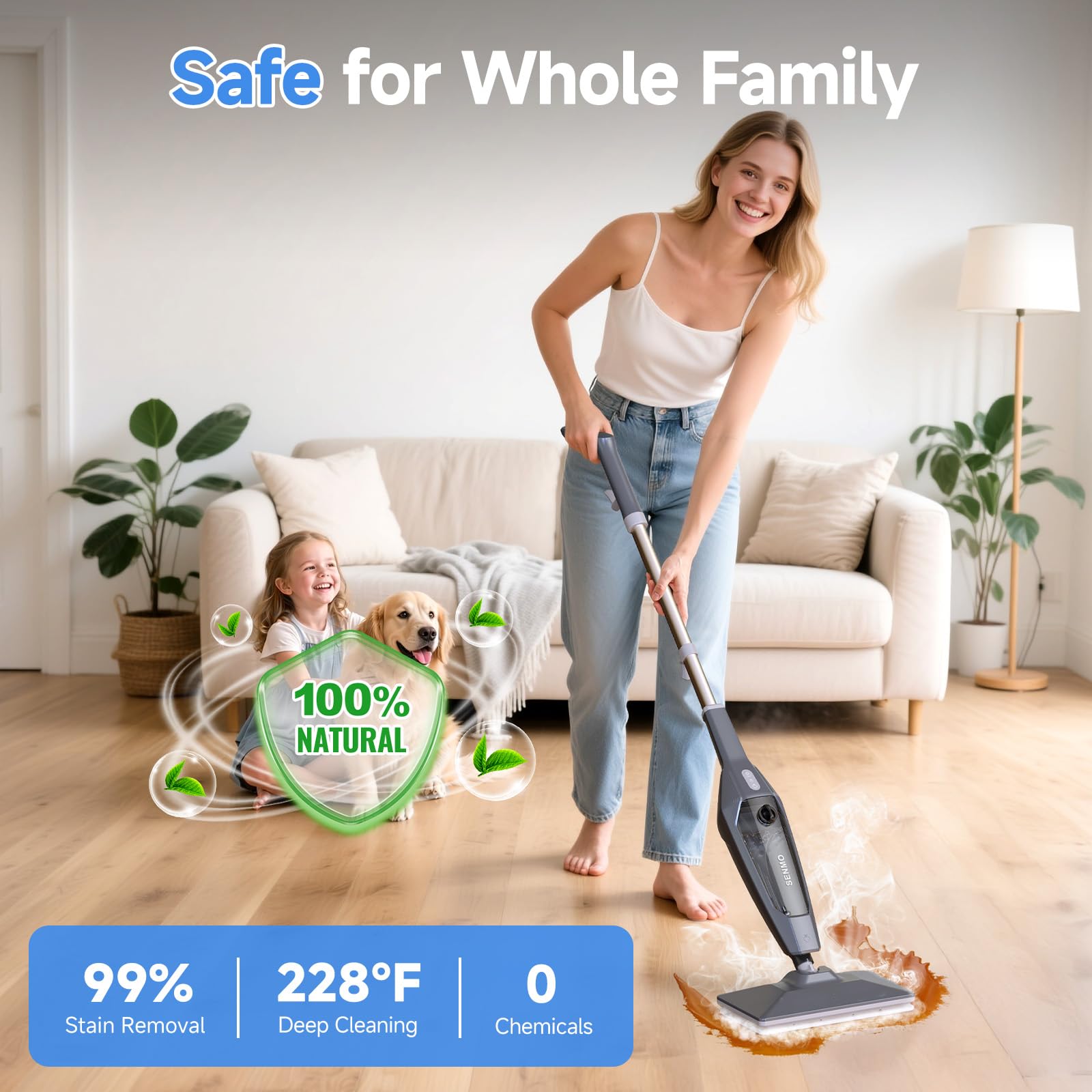 SENMO steam mop cleans safely without chemicals.