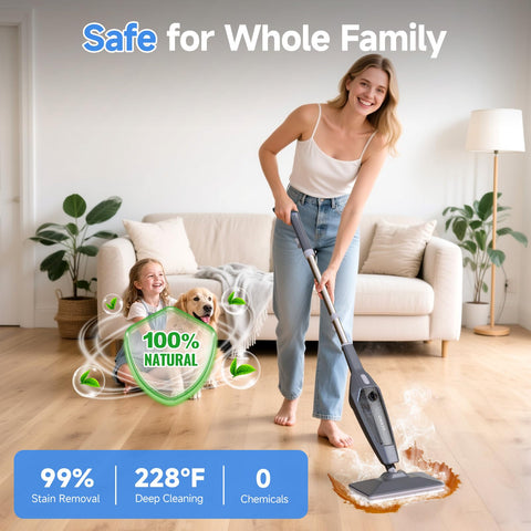 SENMO steam mop cleans safely without chemicals.