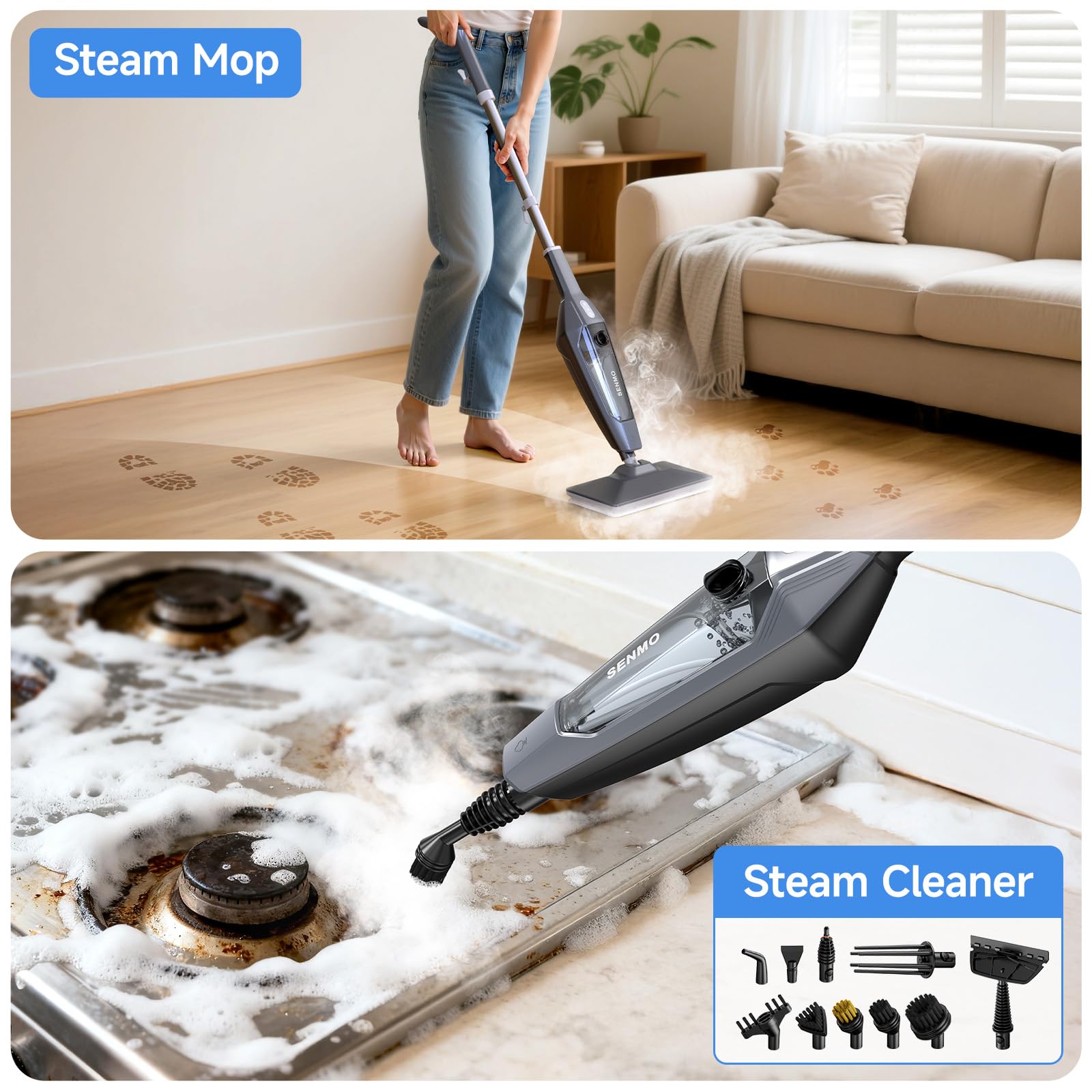SENMO steam mop heats quickly for fast, powerful cleaning.