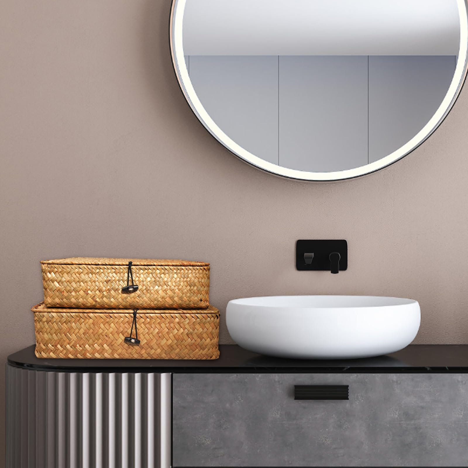 SENONAPO seagrass basket in bedroom for clutter-free vanity