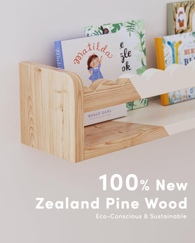 Seocry floating wall shelves in white create tidy display space for books and toys.