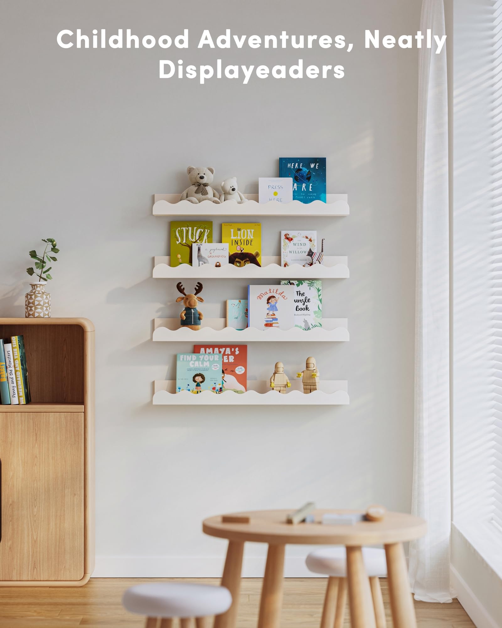 Seocry four-piece set complements kid's room decor and displays.