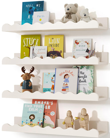 Seocry white floating nursery shelves mounted on wall for tidy books.