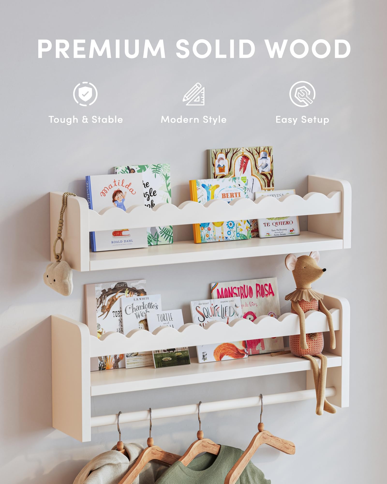 Seocry scalloped front edge shelves add charming wall decor while keeping small items secure.