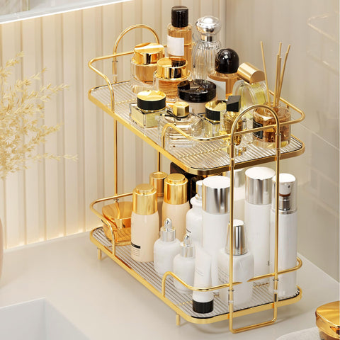 Seoneiro 2-tier corner organizer side view highlighting vertical stacking and accessible spacing