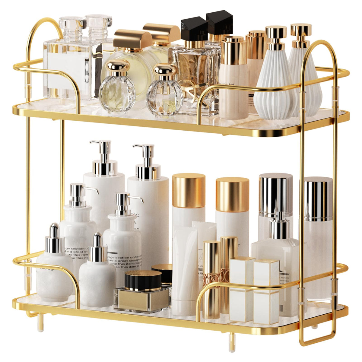 Seoneiro 2-tier corner organizer top view showing compact storage and sleek metal frame
