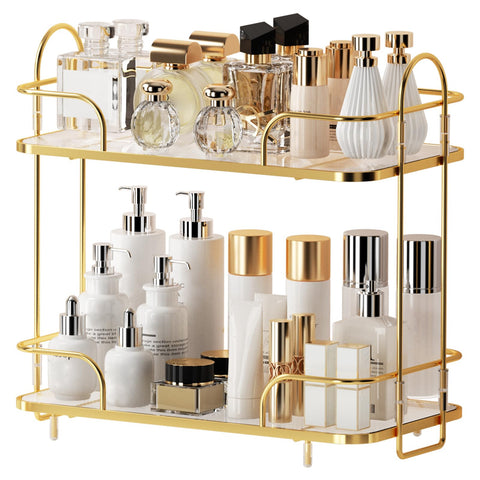 Seoneiro 2-tier corner organizer top view showing compact storage and sleek metal frame