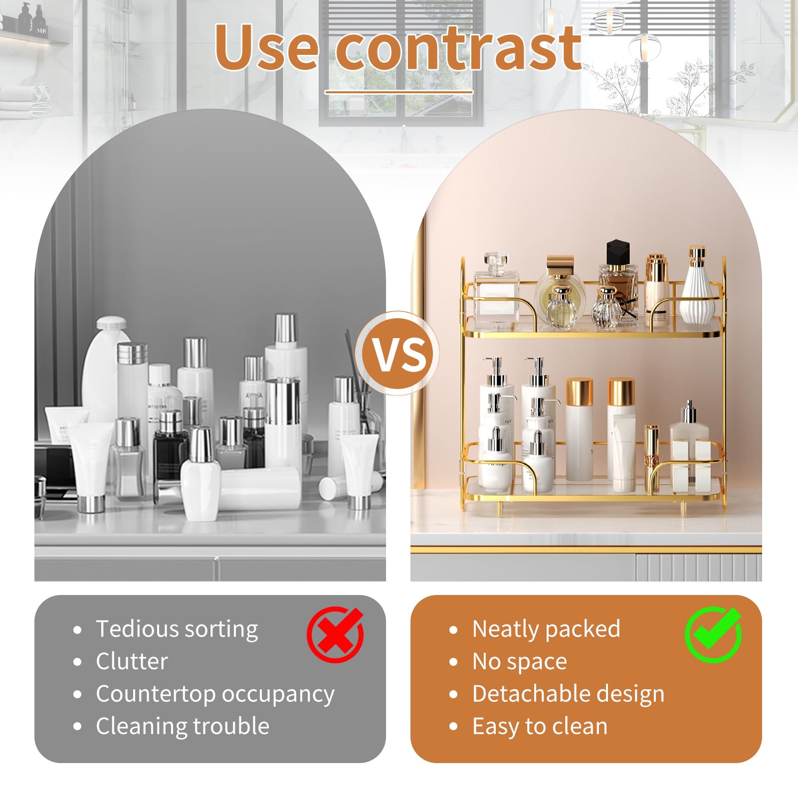 Seoneiro bathroom countertop tray filled with perfumes and beauty products