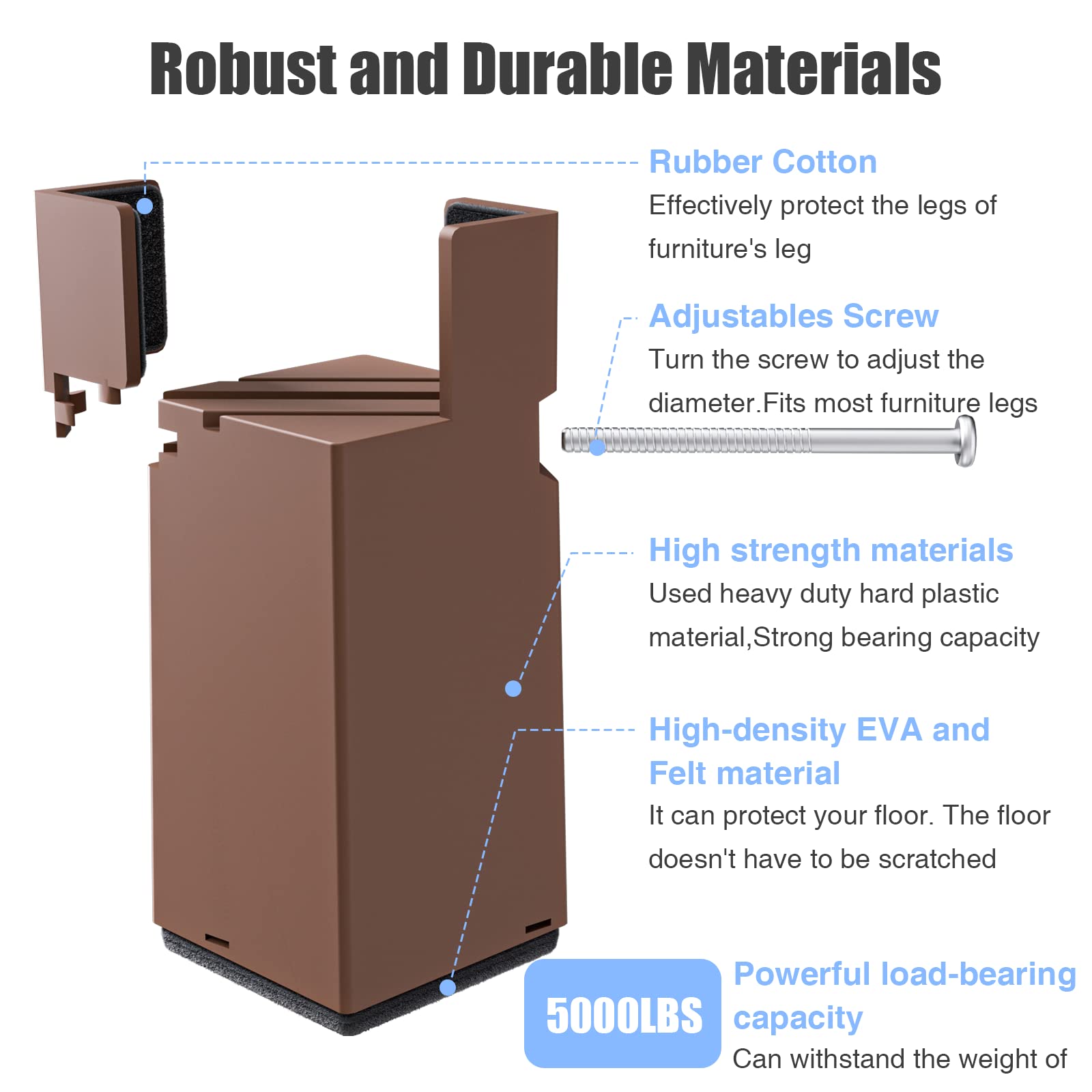 Sephyroth bed risers with anti-slip bottom protect floors during use.