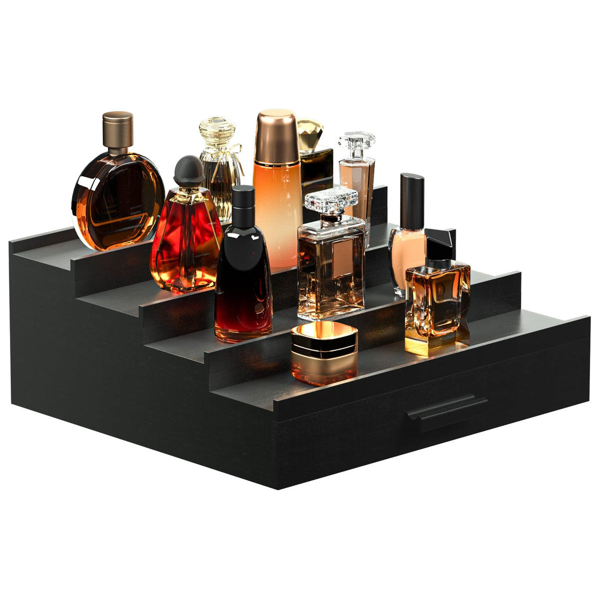 Sephyroth 4-tier cologne organizer in black provides easy, stylish fragrance display at a glance.